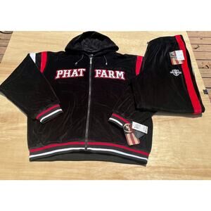 PHAT FARM Velour‎ Hoodie Jacket Zip Up Pull Over 2 Piece Set Men's Black SIZE XL